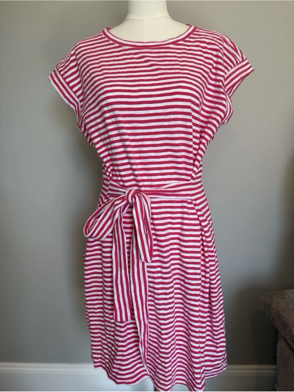J.Crew Factory Pink White Striped Cotton Tie Waist Dress Size XL NWT